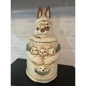 Vintage Rabbit Bunny & Baby Bunnies Cookie Jar‎ Easter Spring Decor Kitchen MCM